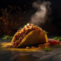 taco con carne y vegetales en un negro antecedentes. mexicano cocina, ai generativo imagen foto