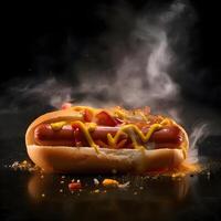 Hot dog with mustard and ketchup on a wooden board on a dark background, Image photo
