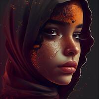 Portrait of a beautiful muslim woman with makeup and red veil, Image photo