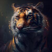 retrato de Tigre con fuego efecto en rostro. digital cuadro., ai generativo imagen foto