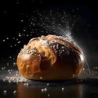 Hamburger with a flying bun on a dark background with splashes, Image photo