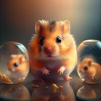 Hamster in a glass jar with water drops on a dark background, Image photo