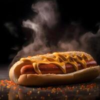 Hot dog with mustard and raisins on a black background., Image photo