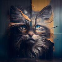 de gato cara pintado en un de madera pared. calle Arte concepto., ai generativo imagen foto