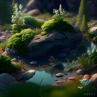 3d ilustración de un fantasía paisaje con un estanque, rocas y plantas, ai generativo imagen foto