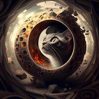 Mysterious cat looking through a hole in the wall. 3D rendering, Image photo