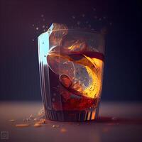 whisky en un vaso con hielo cubitos en un oscuro fondo, ai generativo imagen foto