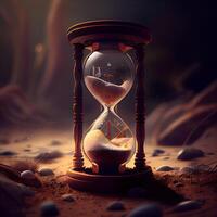 Hourglass on sand background. Time passing concept. 3D rendering, Image photo