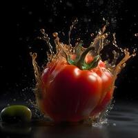 Fresh vegetables falling into water with splash on dark background, closeup, Image photo