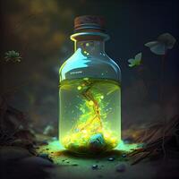 Magic potion in a bottle with a plant inside. 3D rendering, Image photo