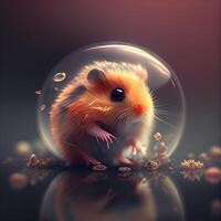 Hamster in a glass ball on a dark background. 3d illustration, Image photo