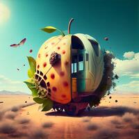 Train in the desert with apple and butterflies. 3d illustration., Image photo