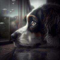 Sad dog looking through the window. Sadness and loneliness concept., Image photo