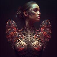 Beautiful woman with fantasy body art on dark background. 3d rendering, Image photo