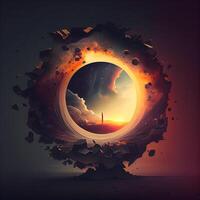 Sunset in the hole of the earth. 3D illustration., Image photo