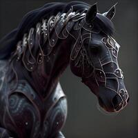 Black horse with golden patterns on the mane. 3d rendering, Image photo
