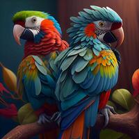 vistoso guacamayo loros sentado en el rama. ilustración, ai generativo imagen foto