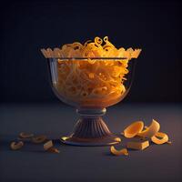 Illustration of a bowl of noodles with pieces of cheese on a dark background, Image photo