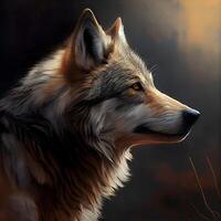Portrait of a wolf in profile on a dark background. Digital painting, Image photo