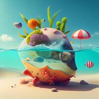 Fantasy island in the sea. 3D render. Conceptual illustration., Image photo