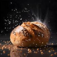 Croissant sprinkled with sugar on a black background. Shallow depth of field., Image photo