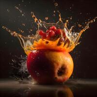 Fruta en agua con chapoteo en oscuro antecedentes. 3d representación, ai generativo imagen foto