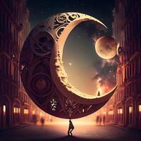 Mystical night scene with crescent moon and man. 3D rendering, Image photo