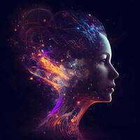 3d rendering of a female head with a colorful brain in space, Image photo