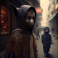 3D rendering of a woman wearing a mask in a creepy city, Image photo