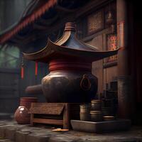 3d rendering of japanese pottery in a chinese temple, Image photo