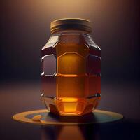 Glass jar of honey on a dark background. 3d rendering., Image photo