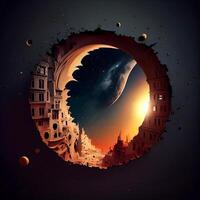 Fantasy landscape in the form of a circle with the image of the ancient city., Image photo