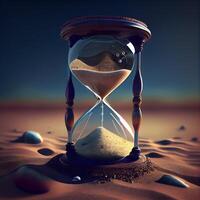 Hourglass on sand in desert. Time passing concept. 3D rendering, Image photo