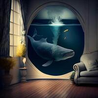 Illustration of a whale in the room. 3D rendering., Image photo