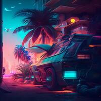 Futuristic car on the background of palm trees in the night., Image photo