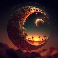 Fantasy landscape with a full moon in the night sky and palm trees, Image photo