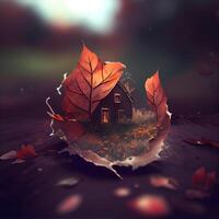 Little house with autumn leaves on a dark background. Halloween concept., Image photo
