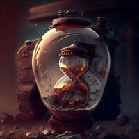 Time concept with vintage hourglass on dark background. 3D rendering, Image photo