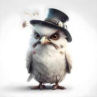 Owl in top hat with feathers and bowler on white background, Image photo