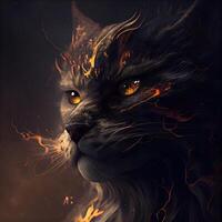 Fantasy portrait of a cat with flames on a dark background., Image photo