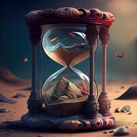 Hourglass with sand and shells on the sand. Time concept., Image photo