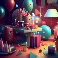 Birthday party with cake, candles and candies. 3d rendering, Image photo