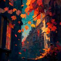 Painting of autumn leaves in Paris, France. Oil on canvas., Image photo