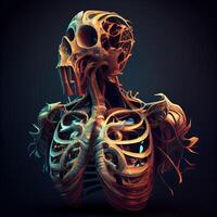 humano esqueleto anatomía en un oscuro antecedentes. 3d hacer ilustración., ai generativo imagen foto