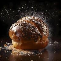 Flying white bread with sesame seeds on a black background with water drops, Image photo