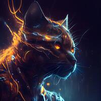 Fractal painting of a cat in neon light. 3D rendering, Image photo