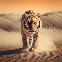 Siberian Tiger in the sand dunes of the Sahara desert, Image photo