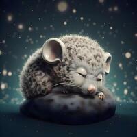Cute mouse sleeping on a rock. 3d illustration. Winter background., Image photo