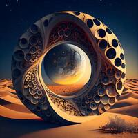 3d illustration of abstract geometric composition with planet in the desert., Image photo