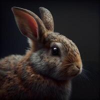 de cerca retrato de un linda marrón Conejo en un negro fondo, ai generativo imagen foto